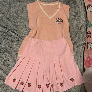 Aliexpress cute sanrio pink and white sweater vest + pink high rise skirt set